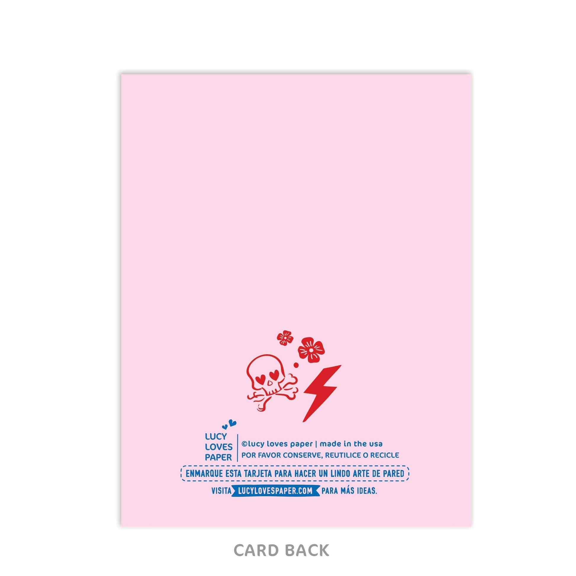 Pink card back with red graphics and text on a white background