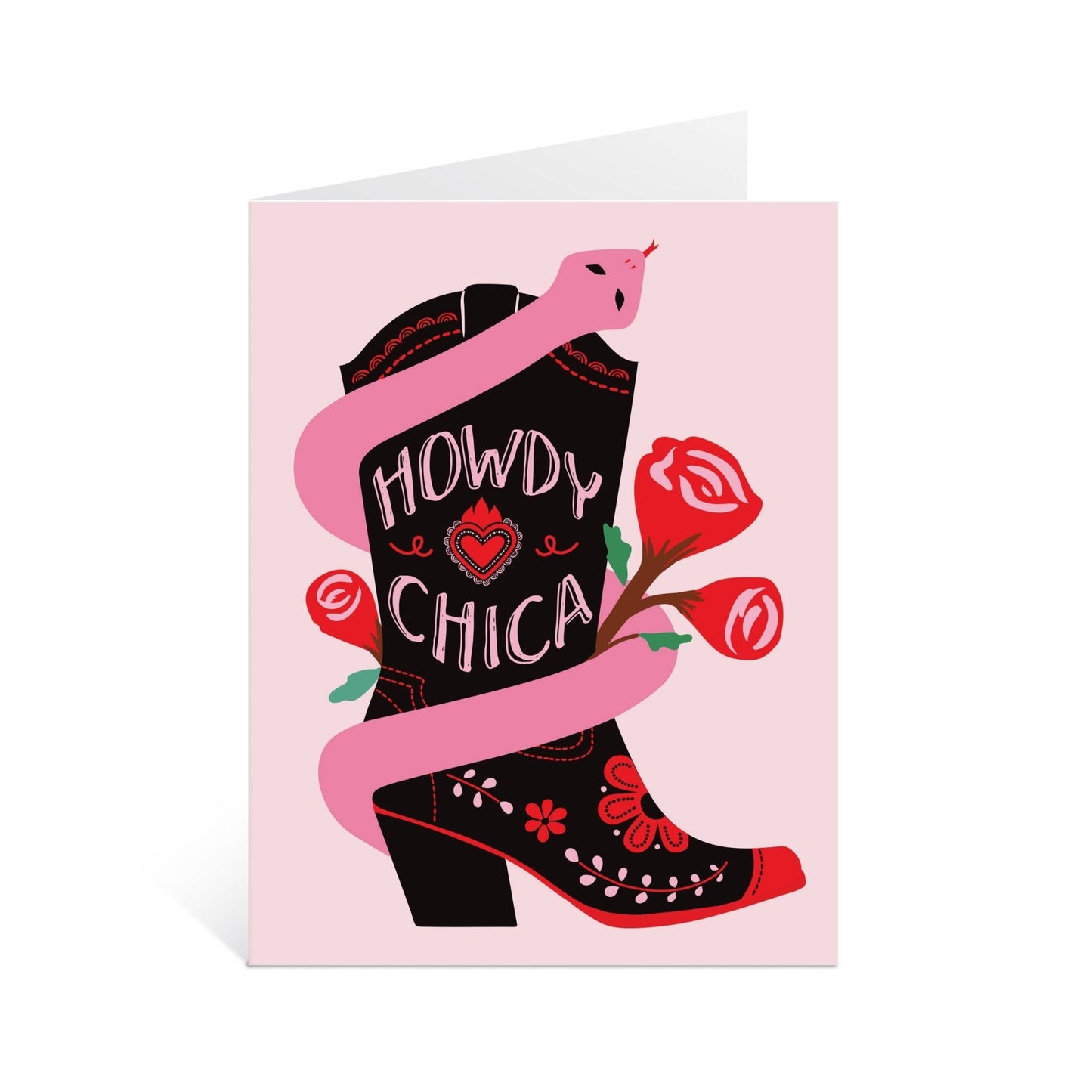 Greeting card with cowboy boots and pink snake design on a pink background