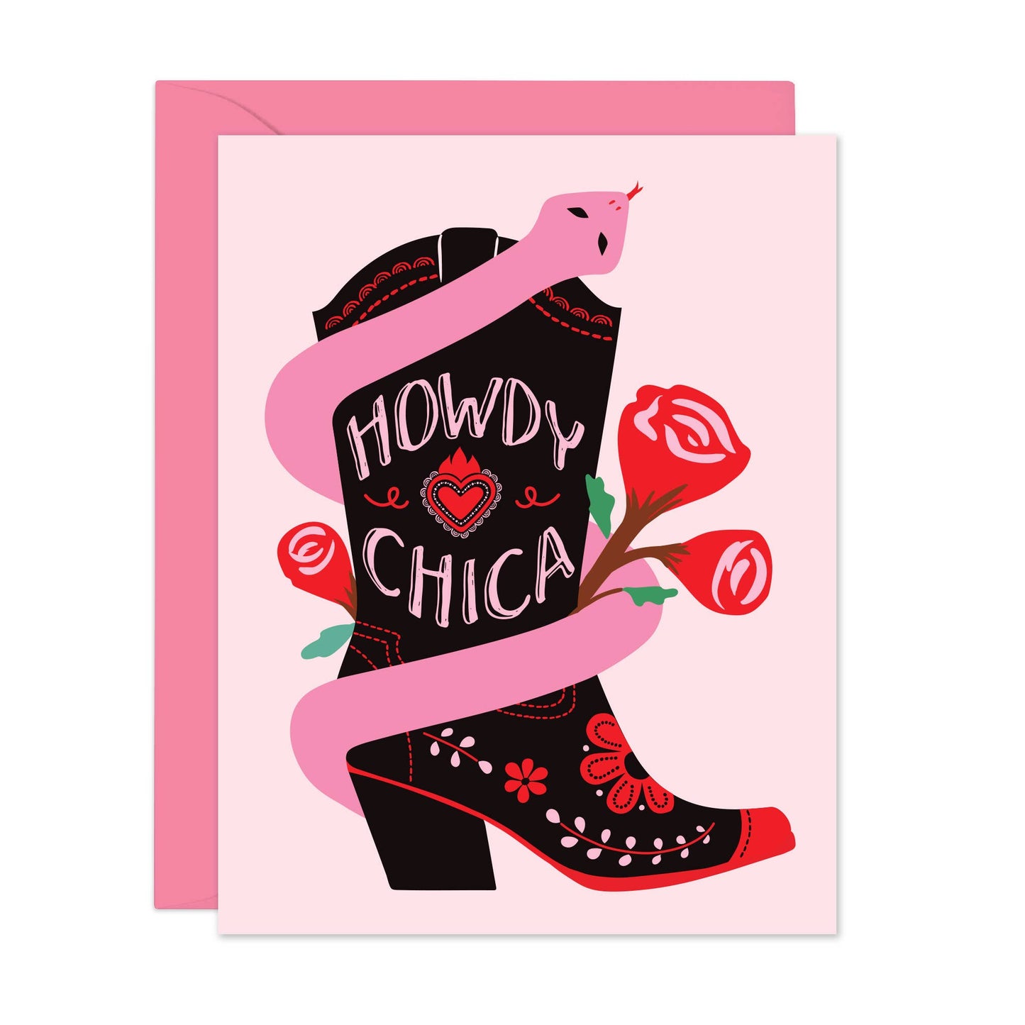 Greeting card with cowboy boot and pink snake design on a pink background