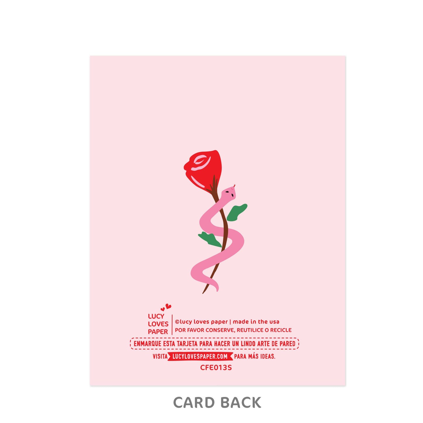 Card back with a red rose and pink snake design on a light pink background, featuring Lucy Loves Paper branding.
