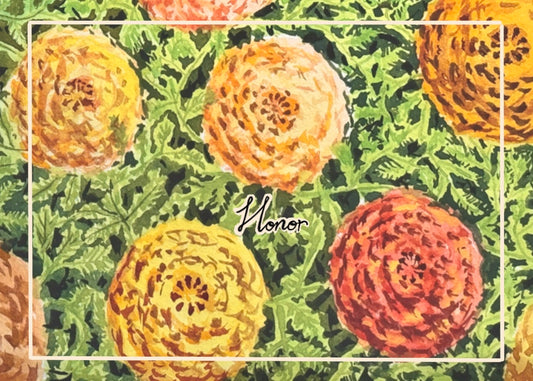 Patterned card with marigold design and 'Flower' branding 