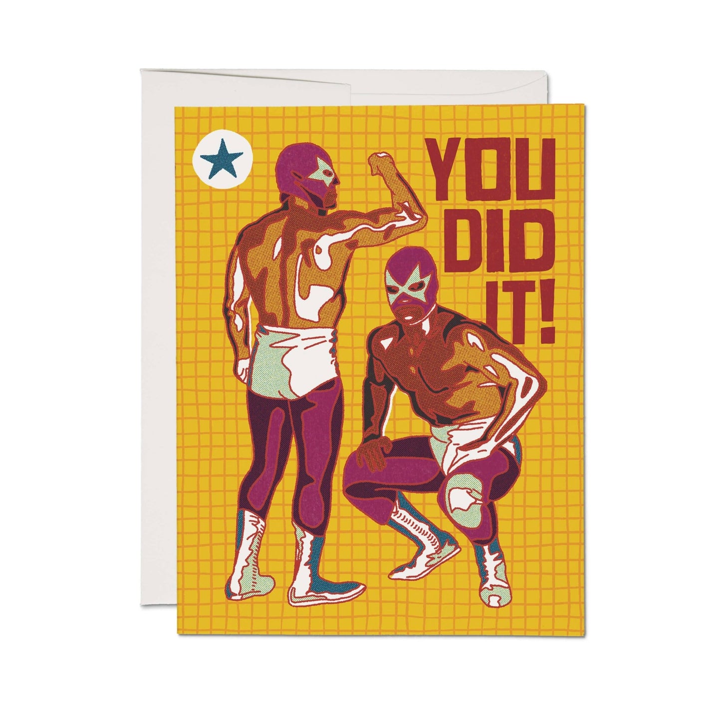 Greeting card with two superhero figures and 'YOU DID IT!' text on a yellow grid background