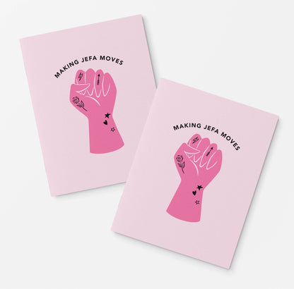 Two pink notebooks with a graphic of interlocked hands and text on a white background