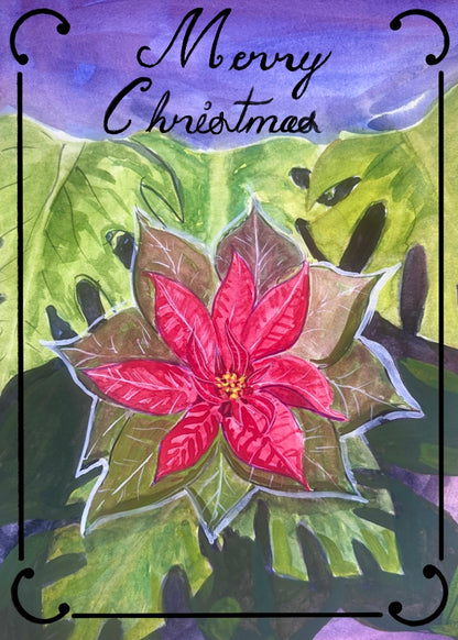 Christmas card with a poinsettia flower and 'Merry Christmas' text on a colorful background.