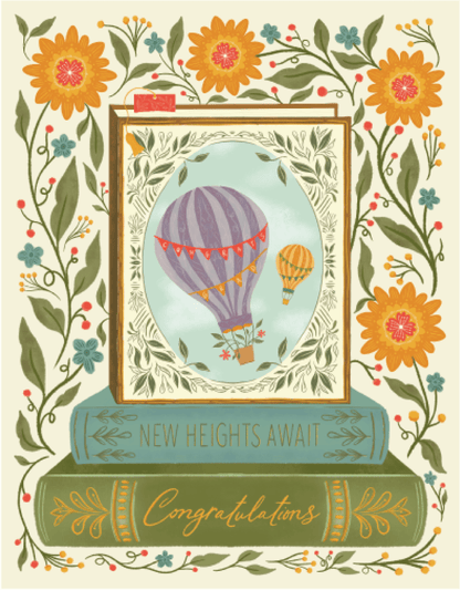 Greeting card with hot air balloon illustration and floral design