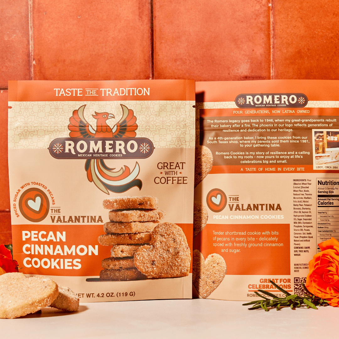 Valentina mexican pecan cinnamon cookie 4.2oz bag displayed with gift case on terracotta tile