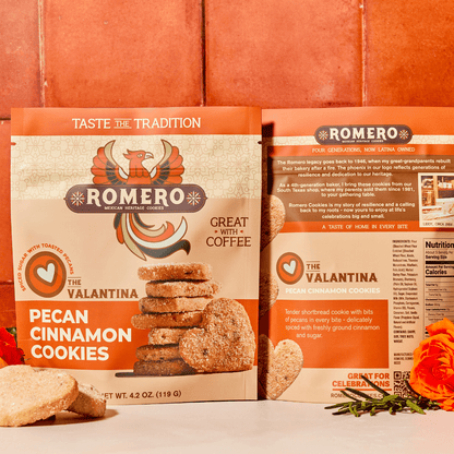 Valentina mexican pecan cinnamon cookie 4.2oz bag displayed with gift case on terracotta tile