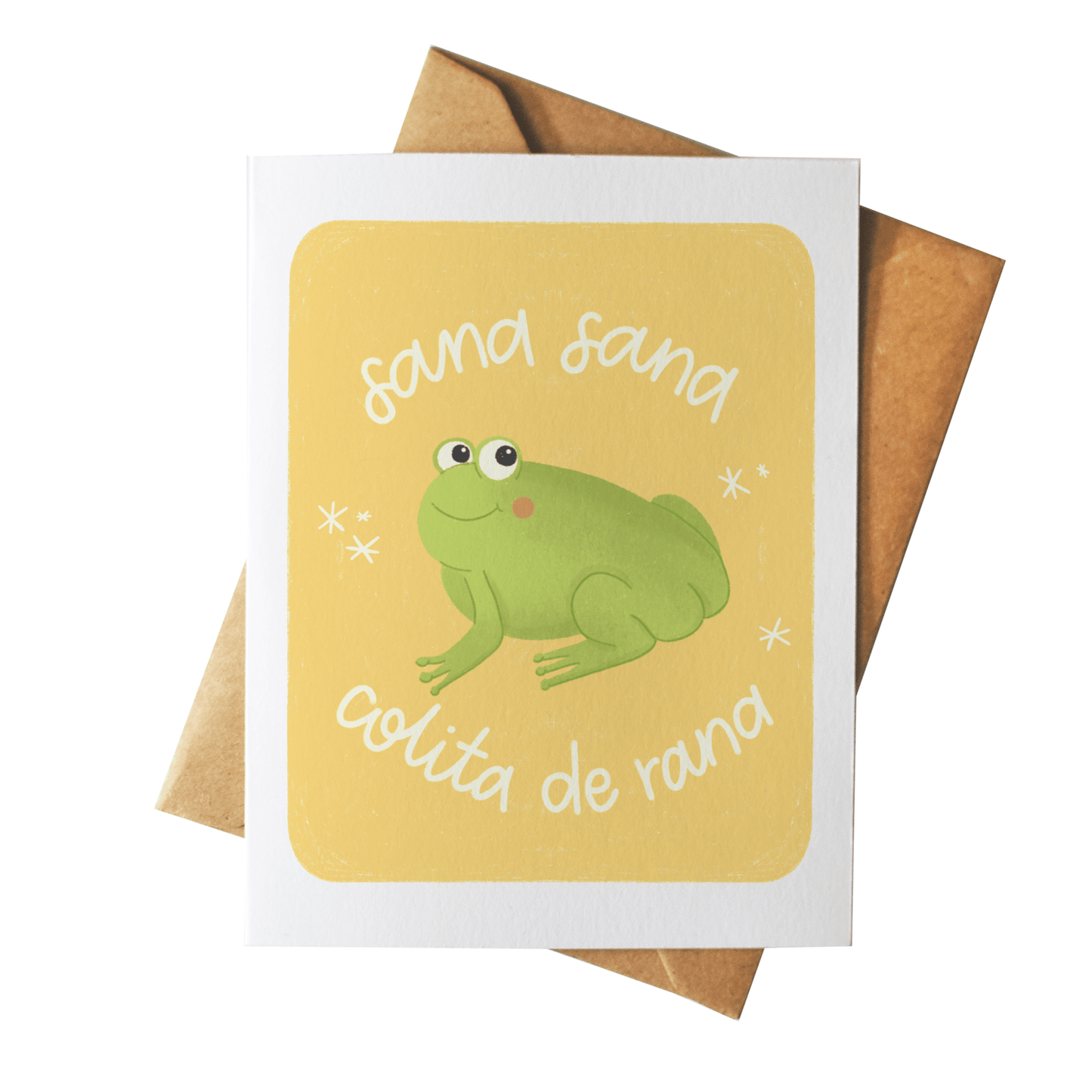 Greeting card with a frog illustration and text on a yellow background, featuring a brown envelope.