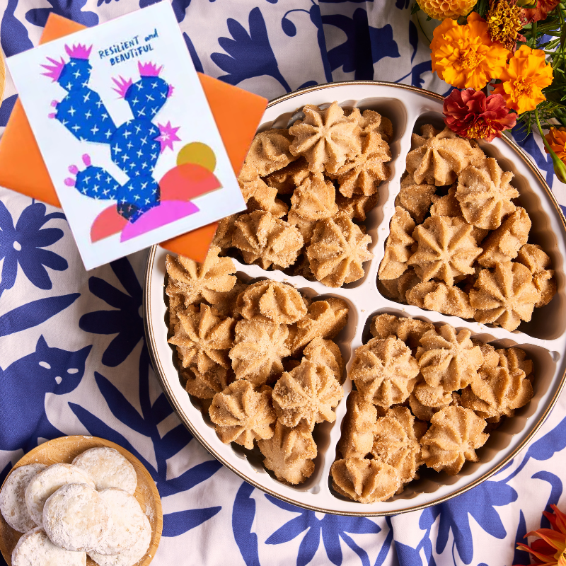 Southwest biscochito and churro cookies on talavera tile, Romero mexican birthday cookie gift