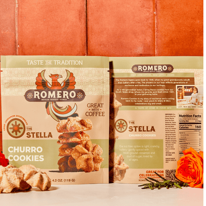 Stella mexican churro cookie 4.2oz bags displayed together, cinnamon sugar bite-size churro cookies