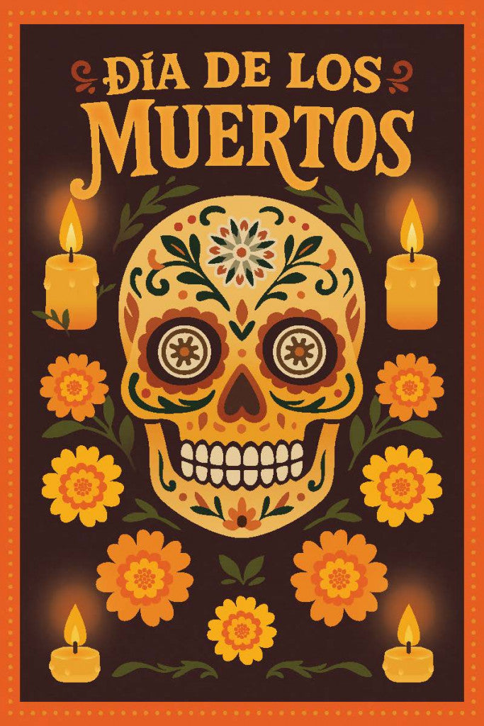 Decorative poster for Día de los Muertos with a skull, candles, and flowers on a dark background.