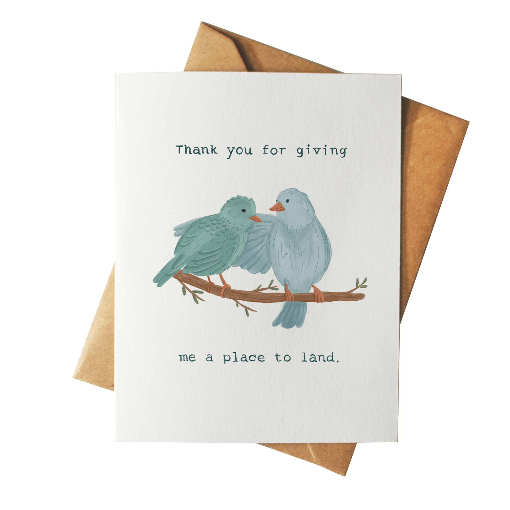 Greeting card with two birds illustration and text on a white background