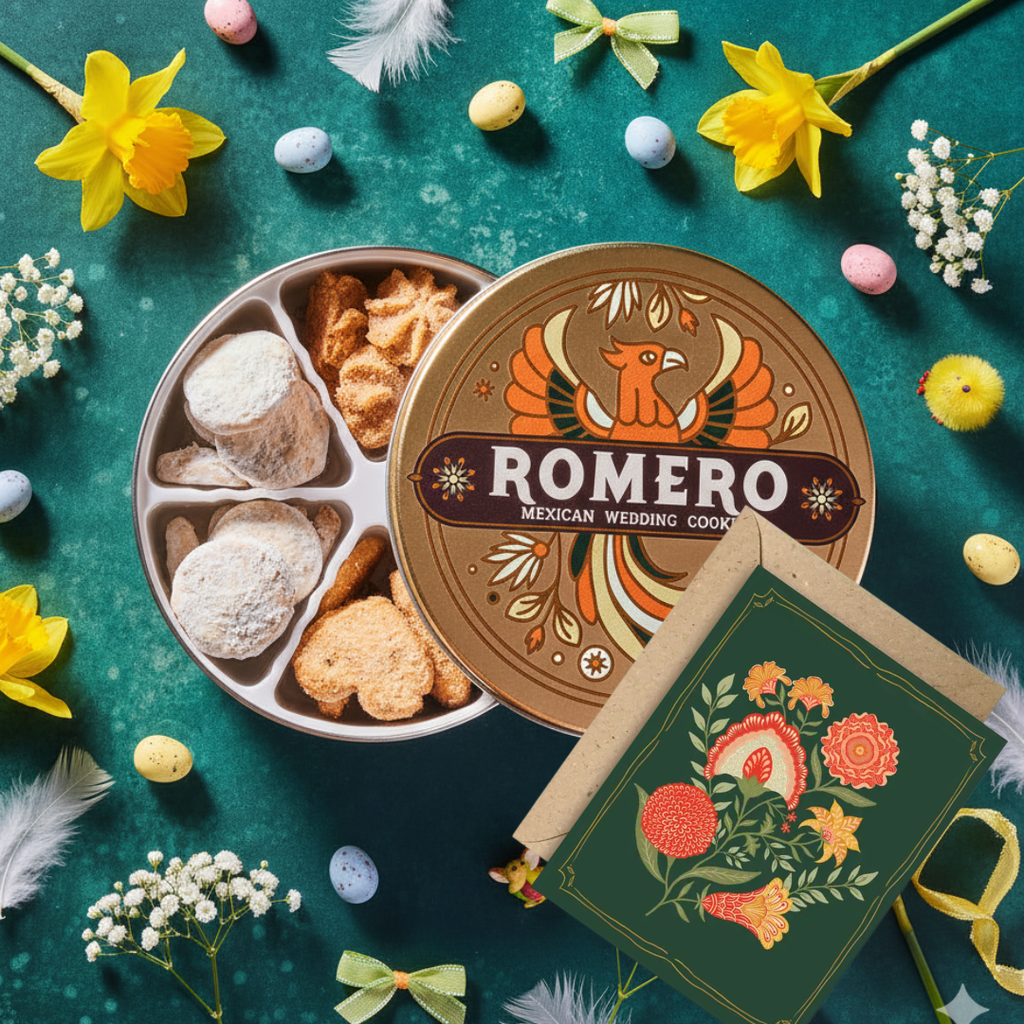 easter cookie tin on blue background