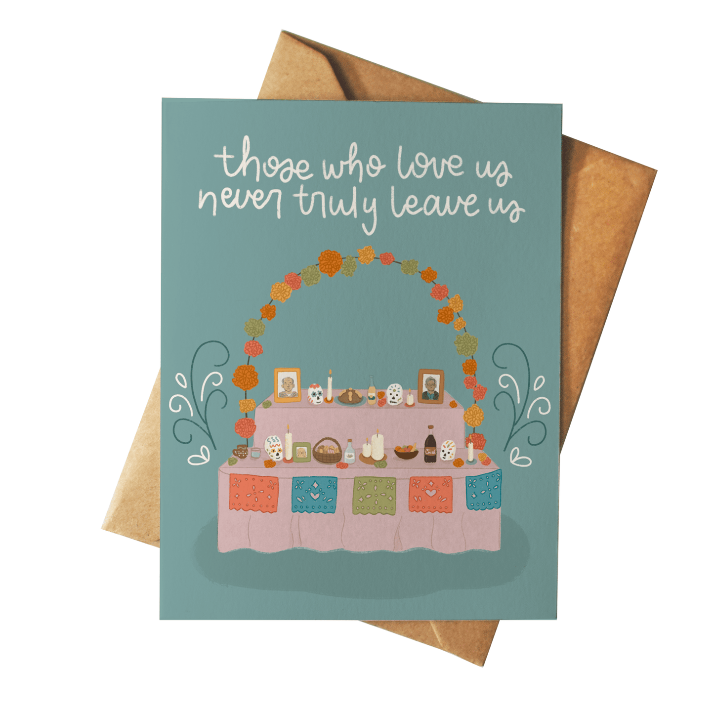 Greeting card with a table illustration and text on a teal background