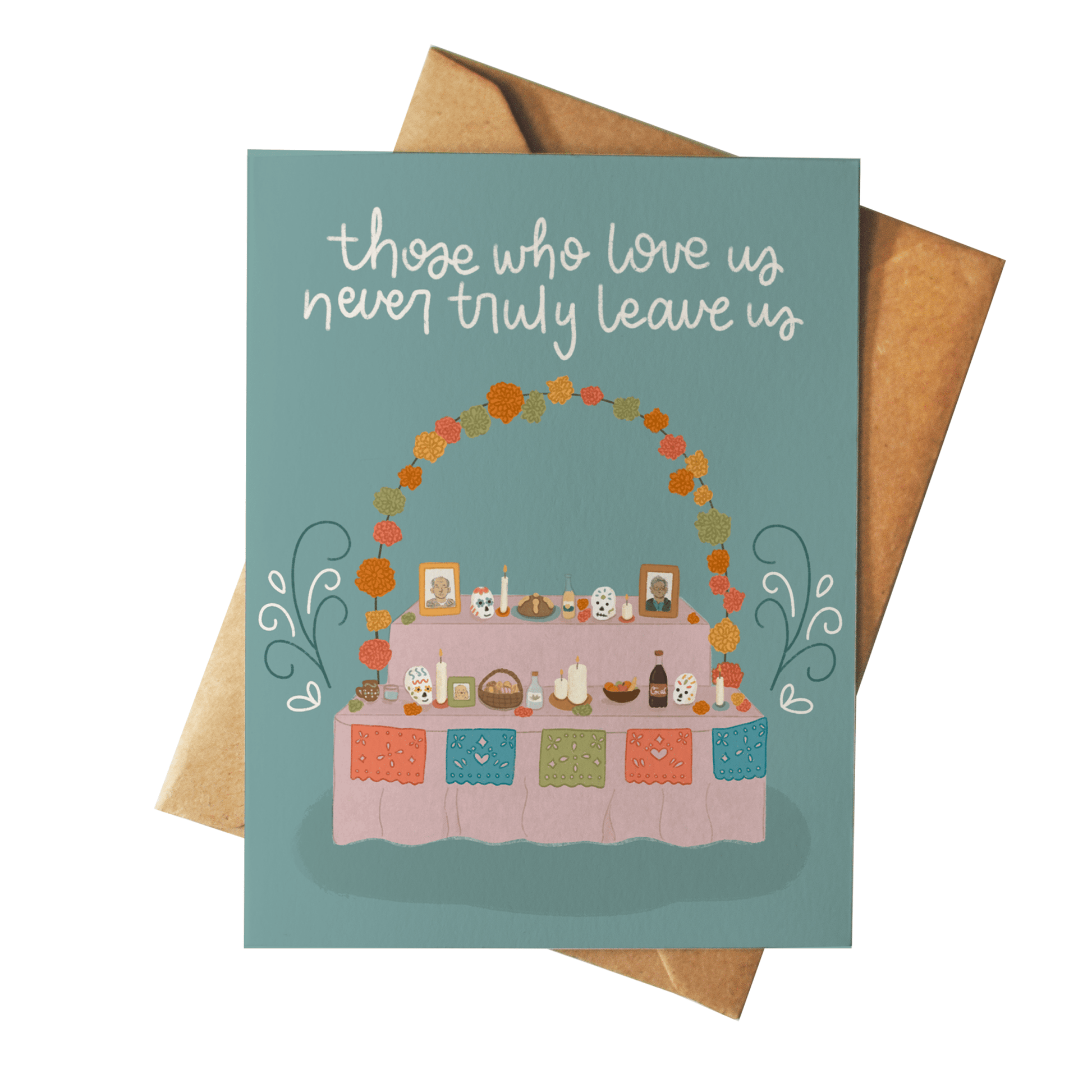 Greeting card with a table illustration and text on a teal background