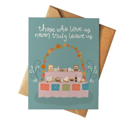 Greeting card with a table illustration and text on a teal background