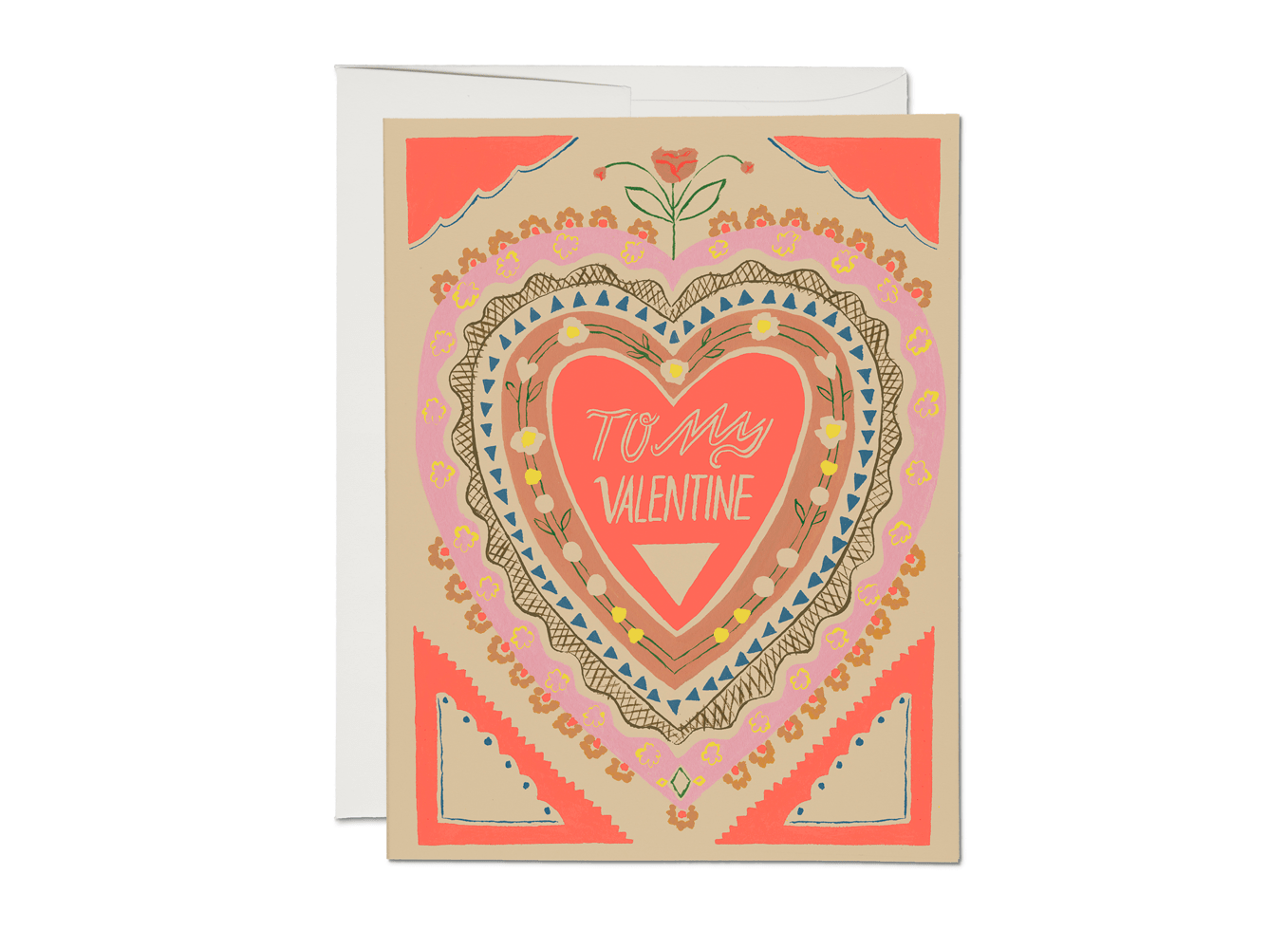 Valentine's Day card with heart design and 'To My Valentine' text on a beige background.