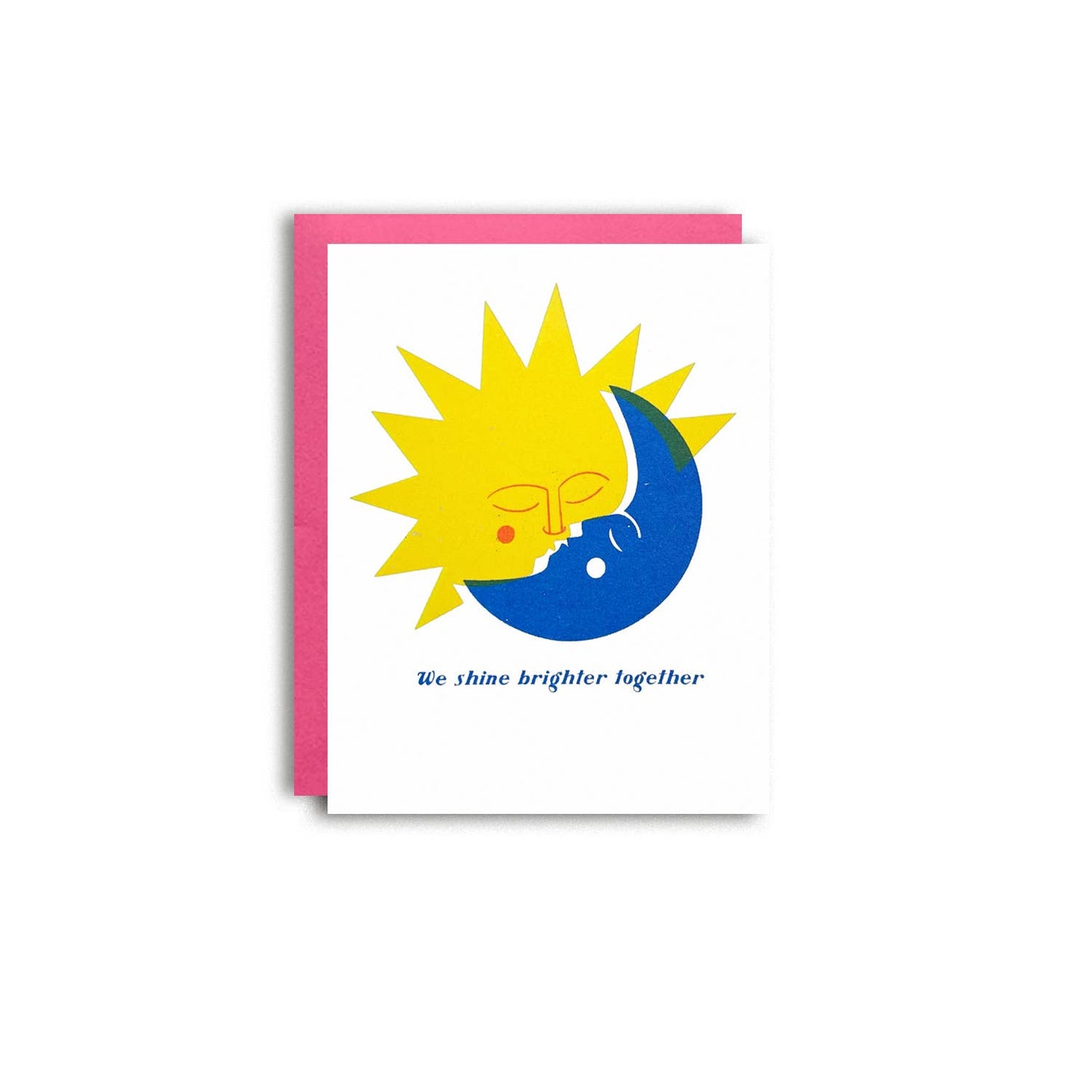 Card with sun and moon design and text 'We shine brighter together' on a white background